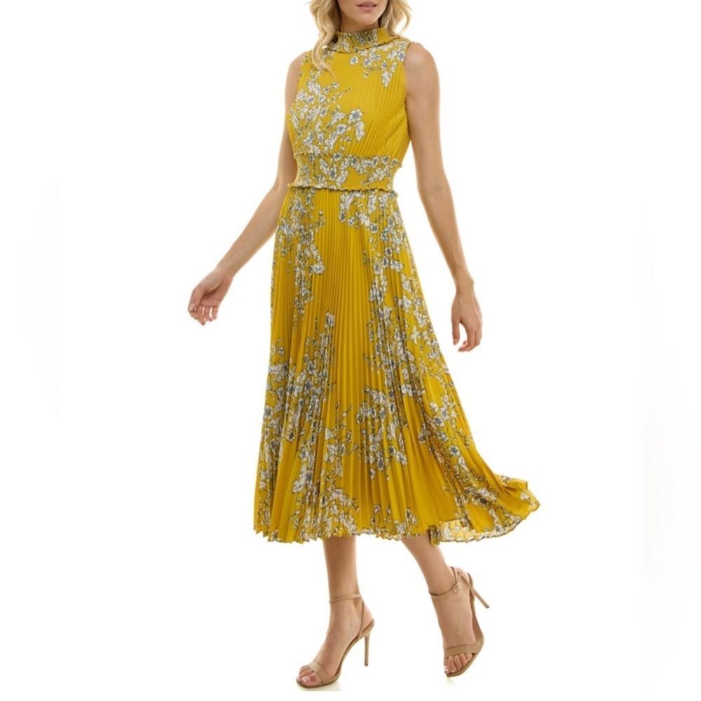 Nanette Lepore Floral Yellow mock pleated Sleeveless Dress golden mustard 6 NWT